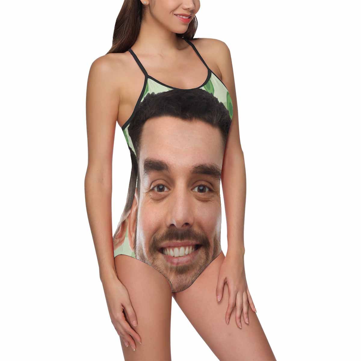 Custom Face Swimwear Women's Photo Slip One Piece Swimsuit - Green Background