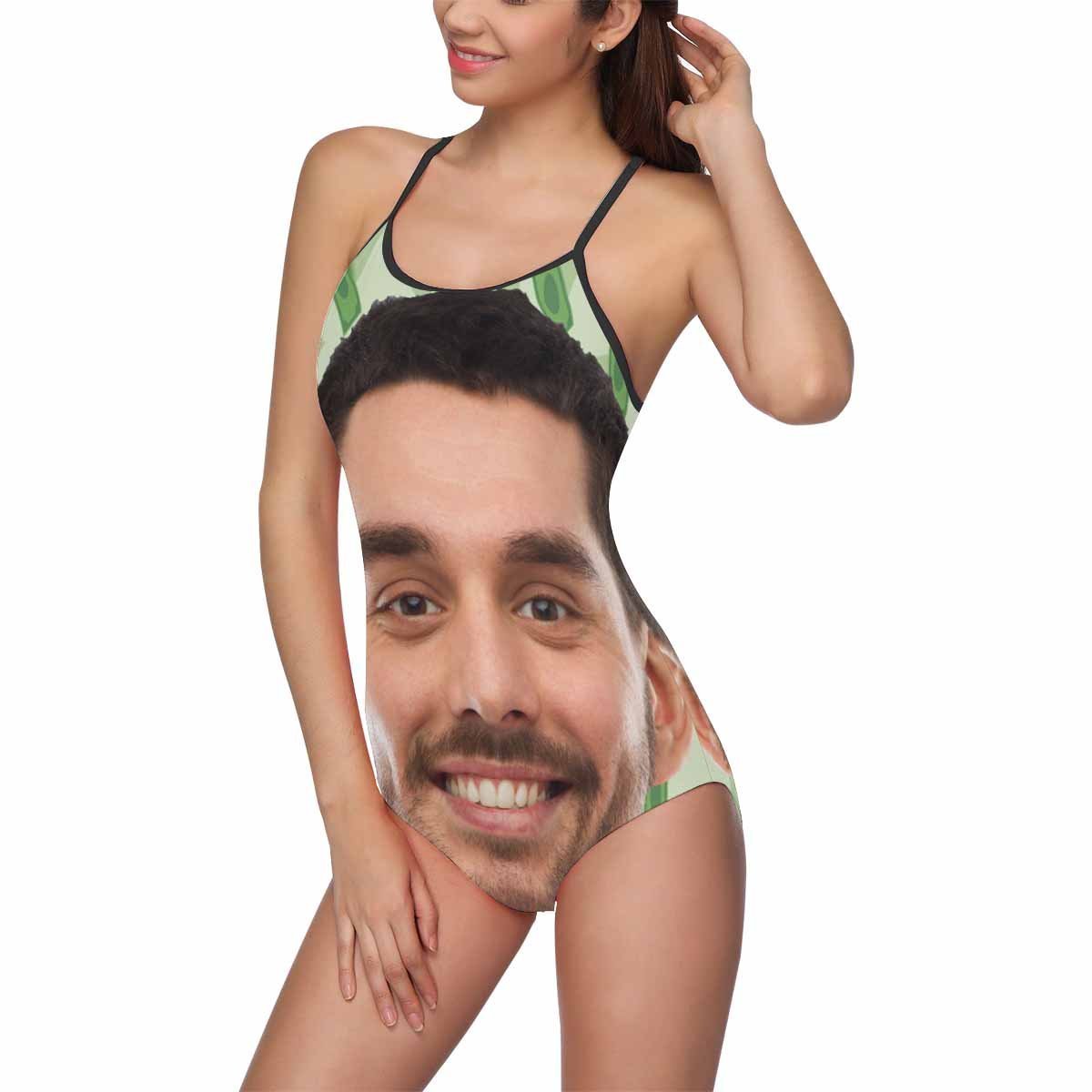 Custom Face Swimwear Women's Photo Slip One Piece Swimsuit - Green Background