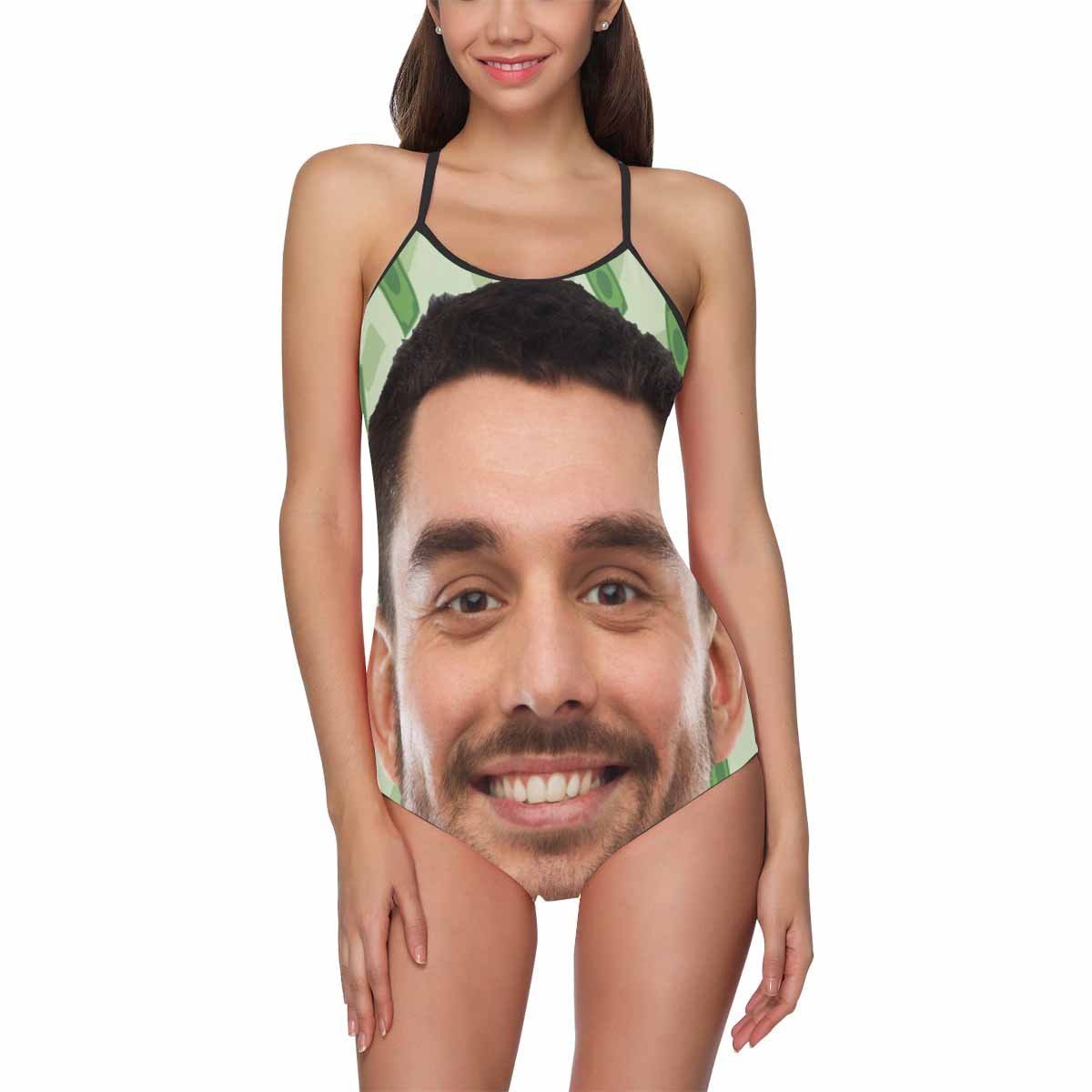 Custom Face Swimwear Women's Photo Slip One Piece Swimsuit - Green Background