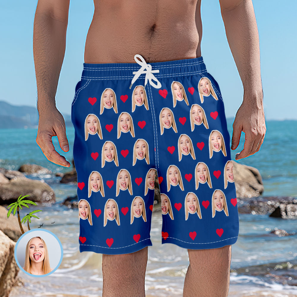 Men's Custom Heart Face Elastic Beach Short Photo Pants