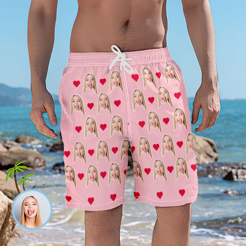 Men's Custom Heart Face Elastic Beach Short Photo Pants