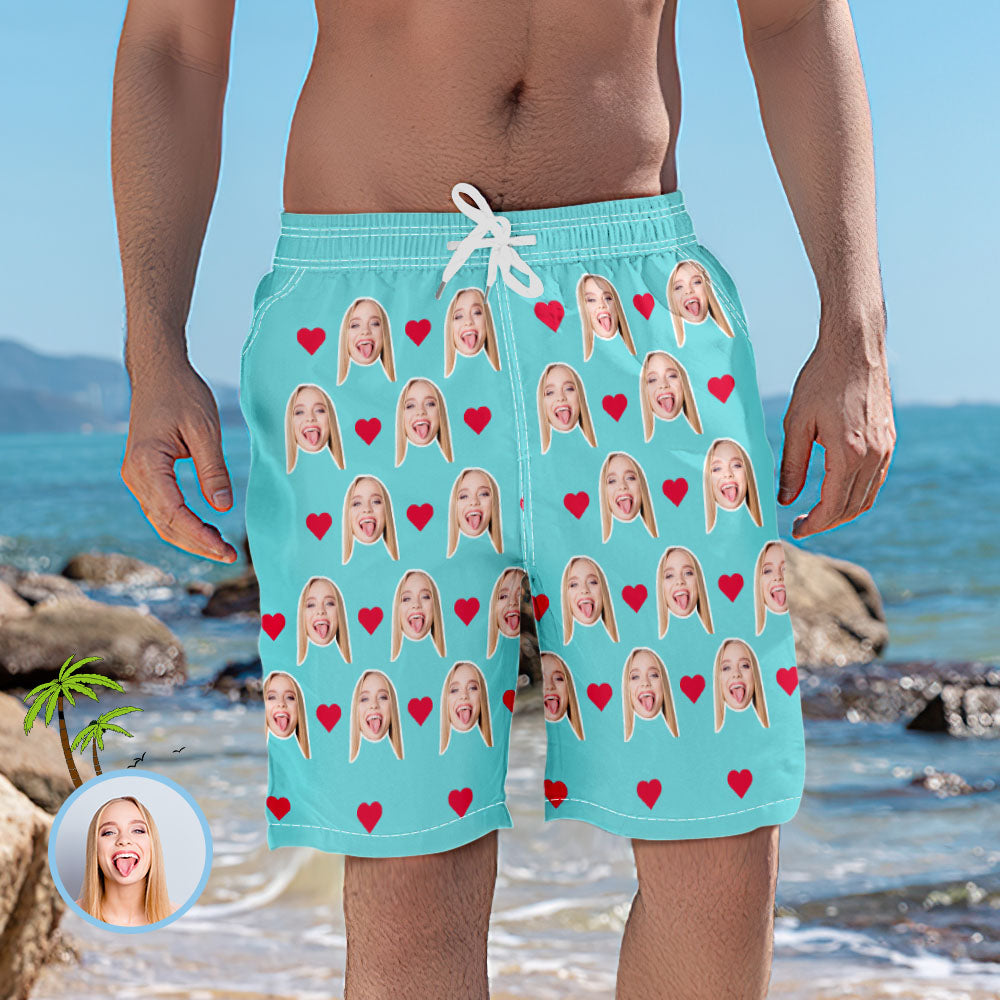 Men's Custom Heart Face Elastic Beach Short Photo Pants