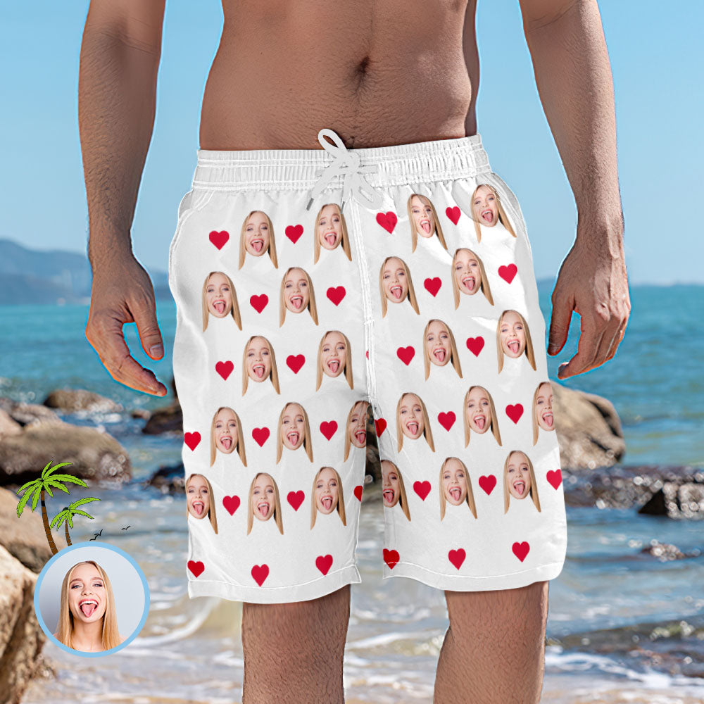 Men's Custom Heart Face Elastic Beach Short Photo Pants