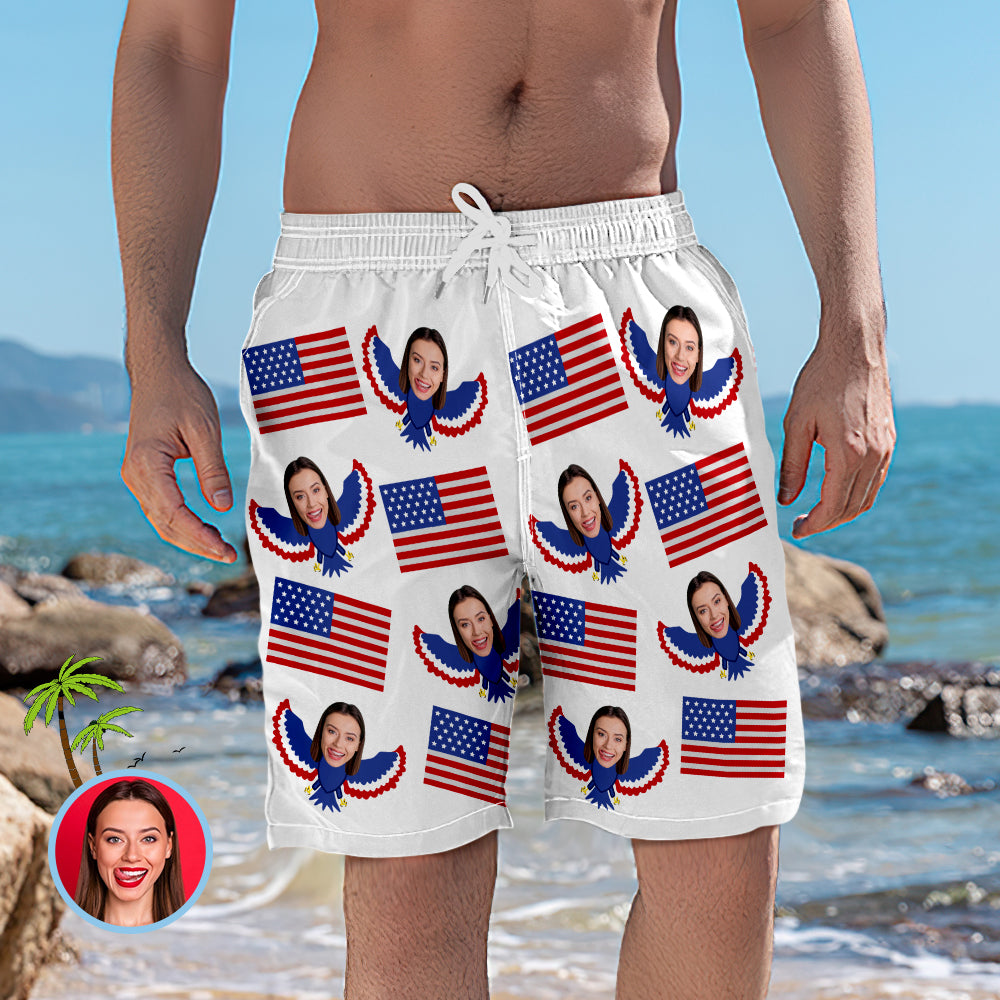 Face Swim Trunks Custom Face Swim Trunks - American Flag with Eagle