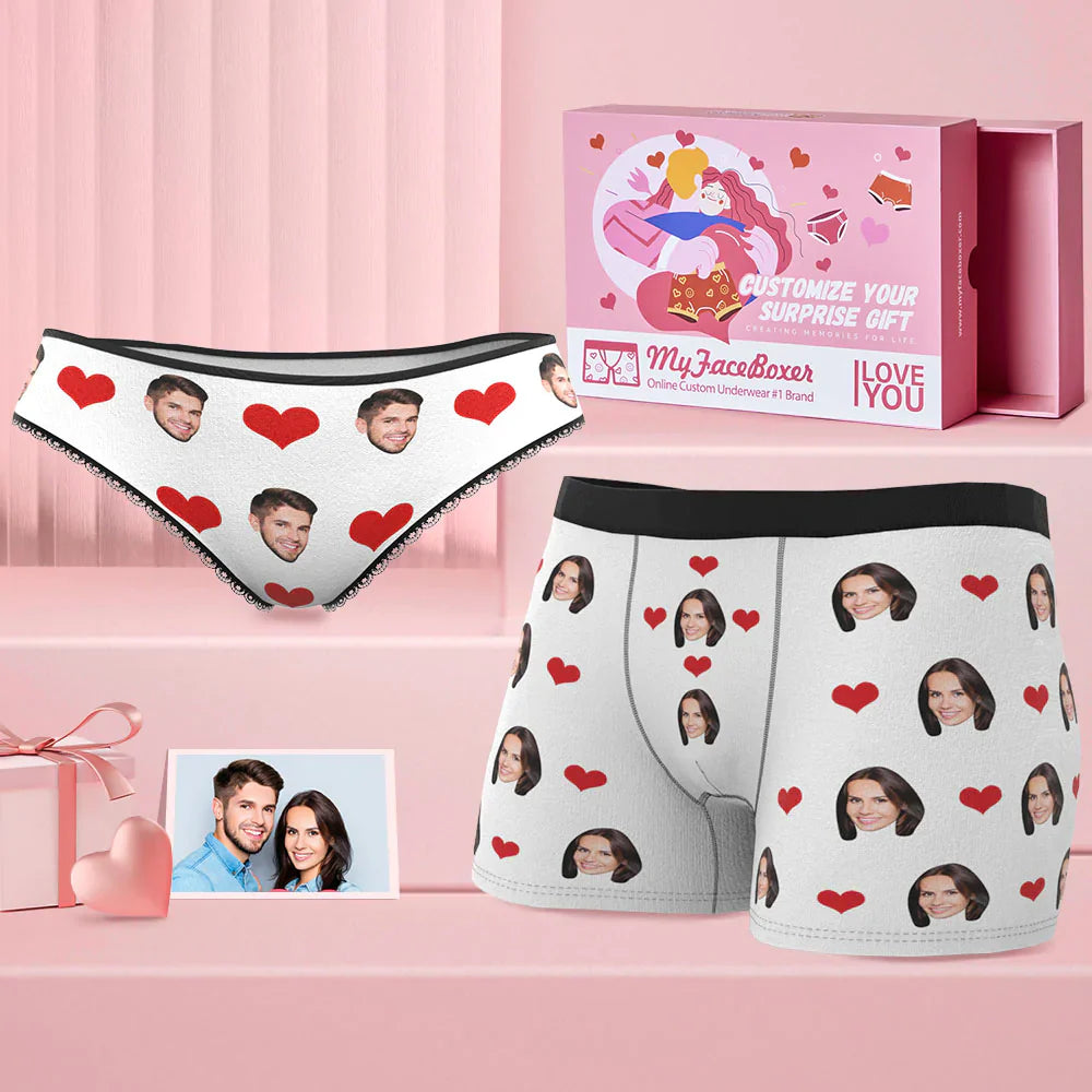 Custom Face Couple Matching Underwear Sweet Love Heart Personalized Funny Underwear Gift for Lovers