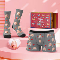 Custom Face Boxer Shorts And Socks Red Love Heart Co-Branding Set