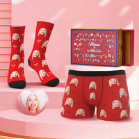 Custom Face Boxer Shorts And Socks Red Love Heart Co-Branding Set