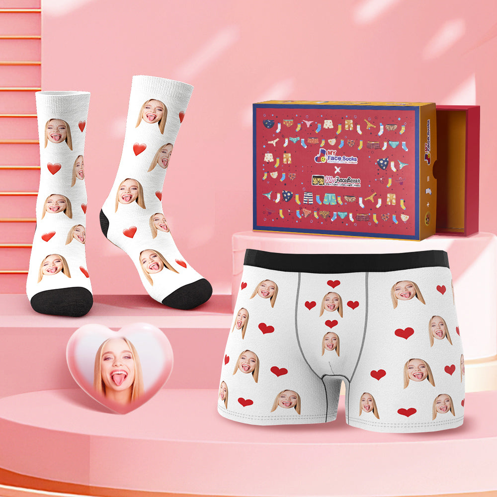 Custom Face Boxer Shorts And Socks Red Love Heart Co-Branding Set