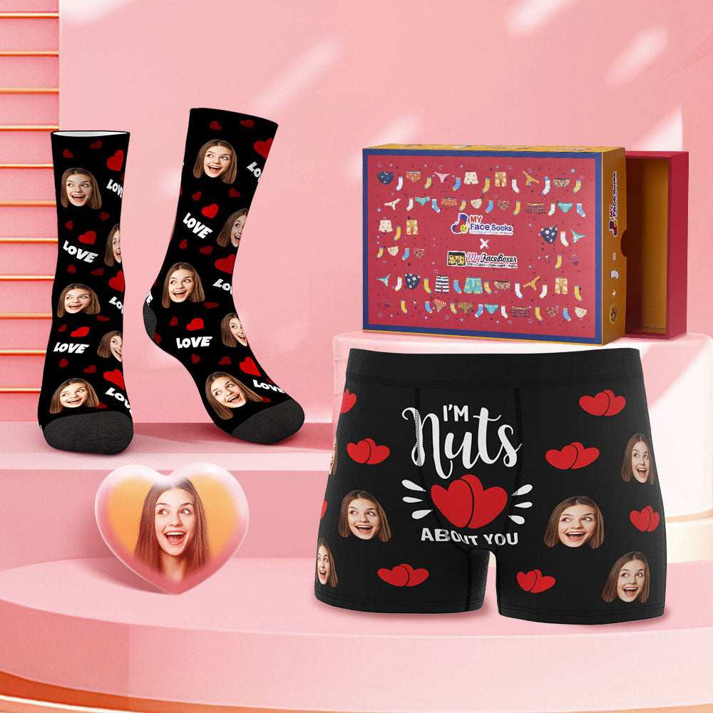 Custom Face Boxer Shorts And Socks Set I'm Nuts About You Valentine's Day Gift Co-Branding Set