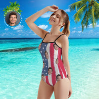 Custom Face Swimwear Women's Photo Slip One Piece Swimsuit- Artistic USA Flag