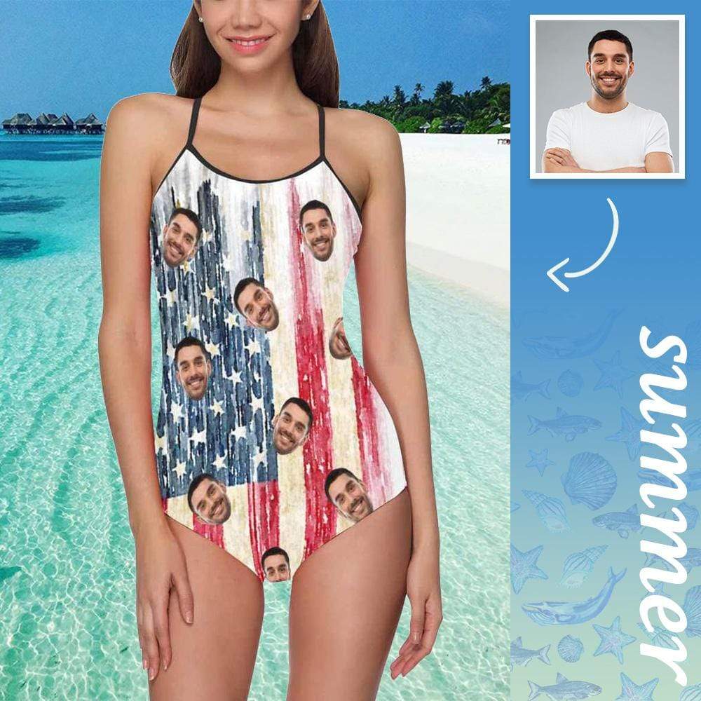 Custom Face Swimwear Women's Photo Slip One Piece Swimsuit- Artistic USA Flag