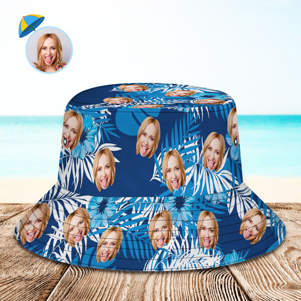 Custom Bucket Hat Personalised Face All Over Print Tropical Flower Print Hawaiian Fisherman Hat - Blue Leaves