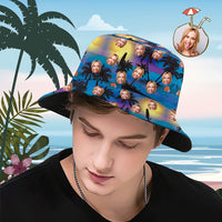 Custom Bucket Hat Personalised Face All Over Print Tropical Flower Print Hawaiian Fisherman Hat - Seaside at Dusk