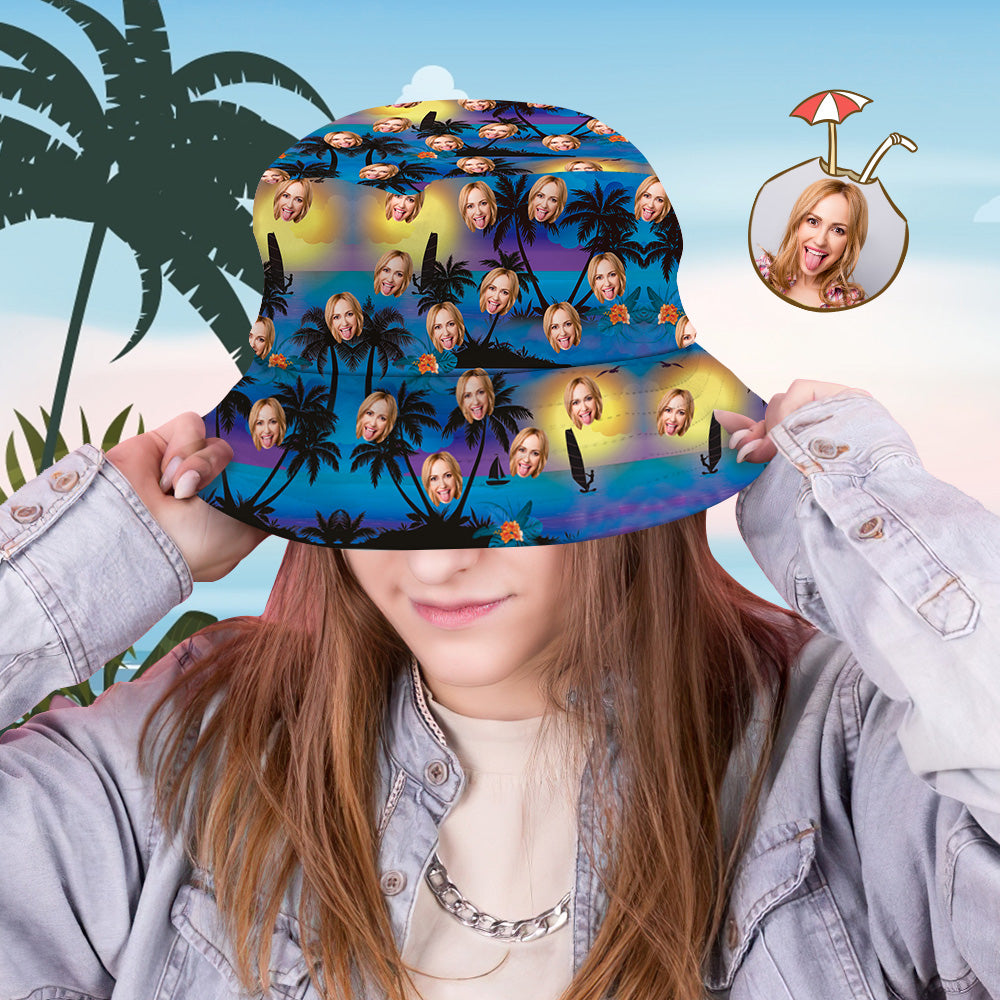 Custom Bucket Hat Personalised Face All Over Print Tropical Flower Print Hawaiian Fisherman Hat - Seaside at Dusk