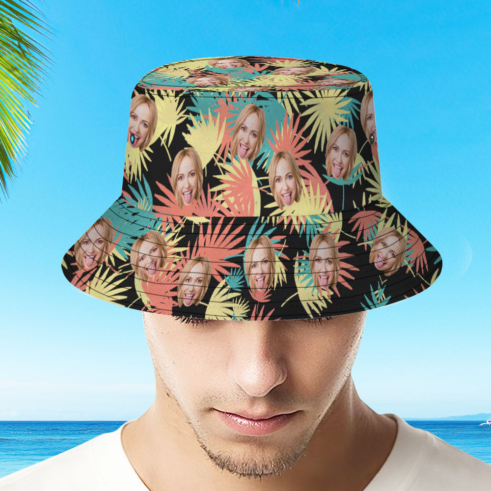 Custom Bucket Hat Personalised Face All Over Print Tropical Flower Print Hawaiian Fisherman Hat - Leaves