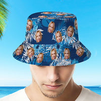 Custom Bucket Hat Personalised Face All Over Print Tropical Flower Print Hawaiian Fisherman Hat - Blue Leaves