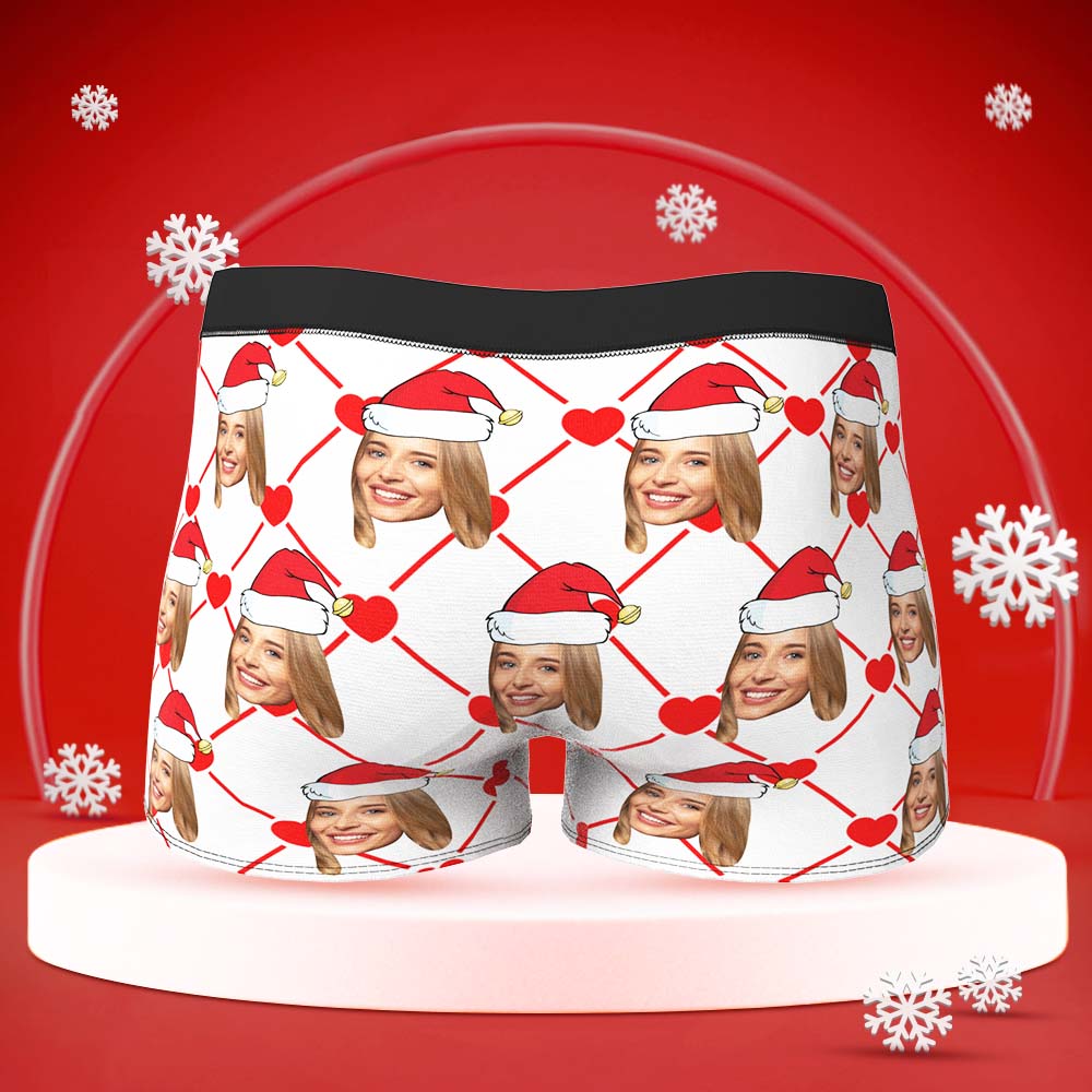 Custom Face Boxer with Girlfriend Picture Personalised Christmas Hat Pattern Men's Shorts