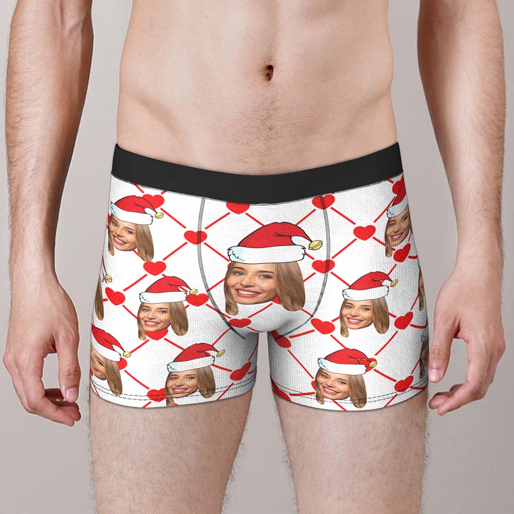 Custom Face Boxer with Girlfriend Picture Personalised Christmas Hat Pattern Men's Shorts