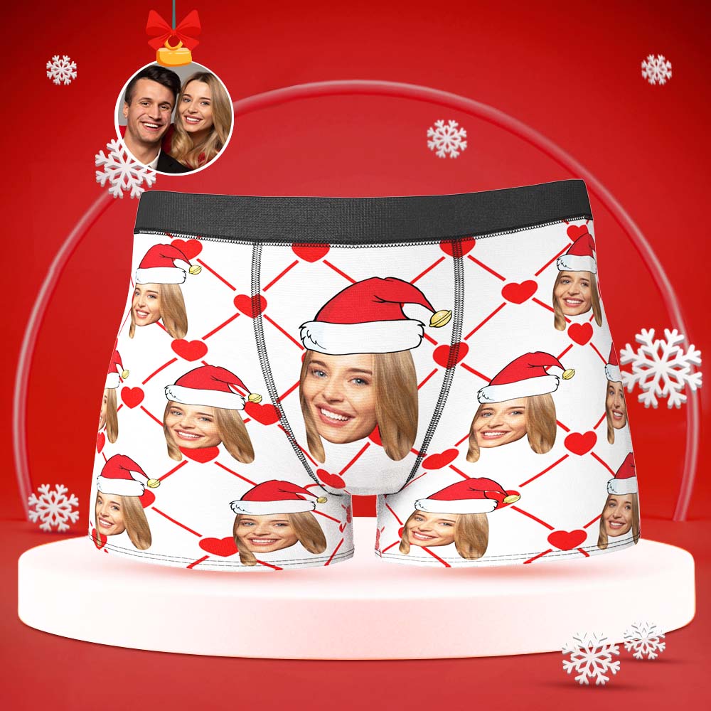 Custom Face Boxer with Girlfriend Picture Personalised Christmas Hat Pattern Men's Shorts