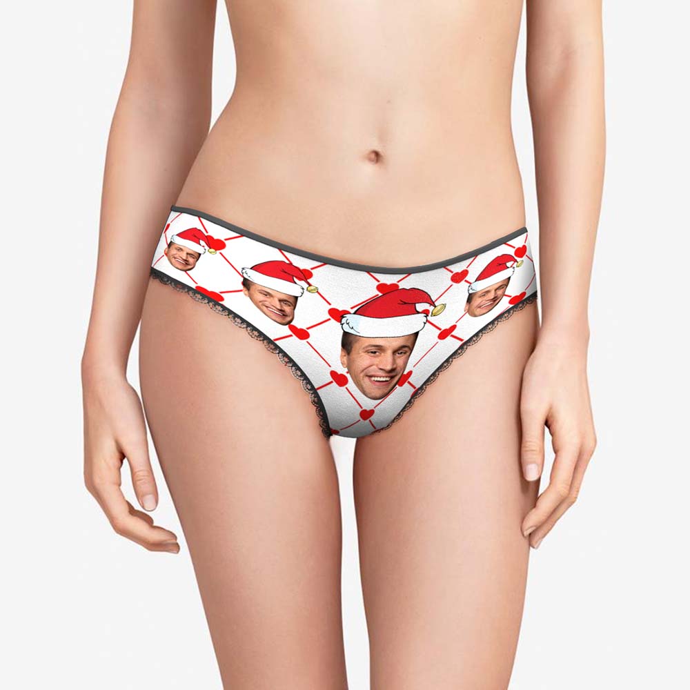 Custom Face Underwear with Boyfriend Picture Personalised Christmas Hat Pattern Women's Shorts