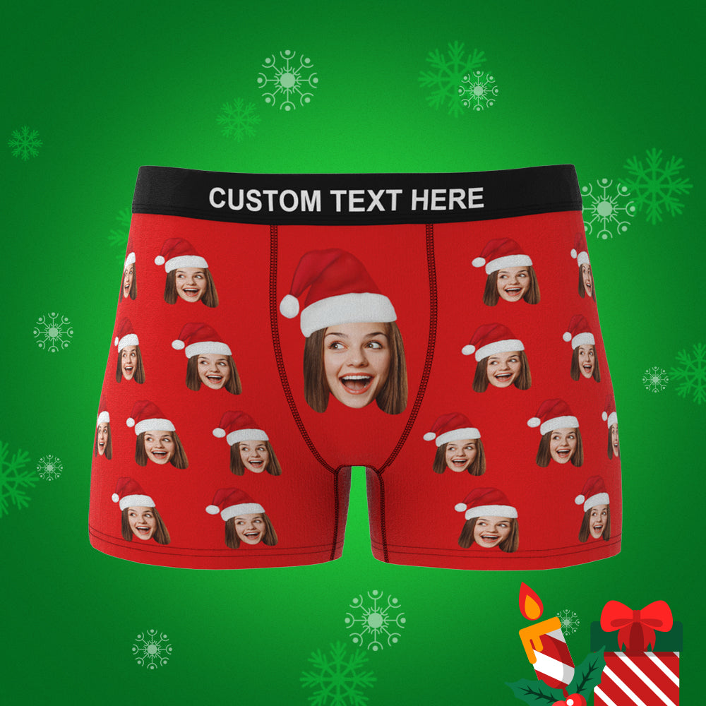 Custom Face Boxers Shorts with Christmas Hat Personalised Photo Underwear Christmas Gift for Men