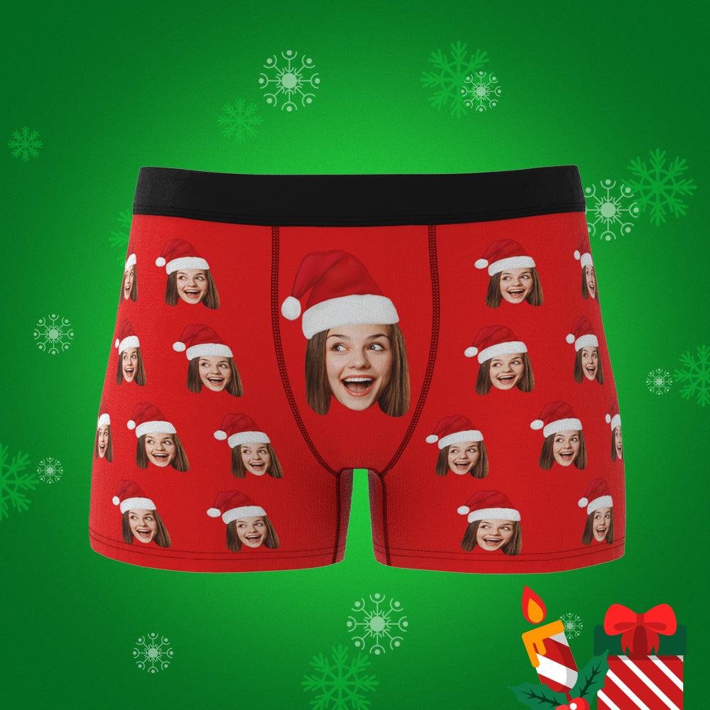 Custom Face Boxers Shorts with Christmas Hat Personalised Photo Underwear Christmas Gift for Men