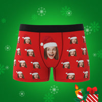 Custom Face Boxers Shorts with Christmas Hat Personalised Photo Underwear Christmas Gift for Men