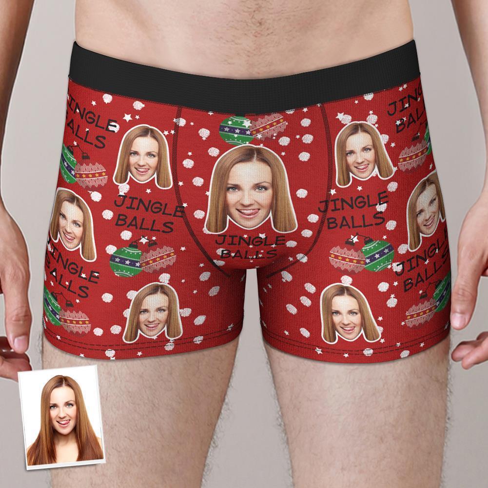 Custom Face Boxers Shorts Personalised Photo Underwear JINGLE BALLS Christmas Gift for Him