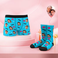 Custom Face Boxer Shorts And Socks Set Love Heart