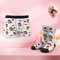 Custom Face Boxer Shorts And Socks Set Love Heart