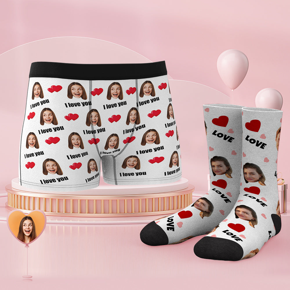 Custom Face Boxer Shorts And Socks Set Love