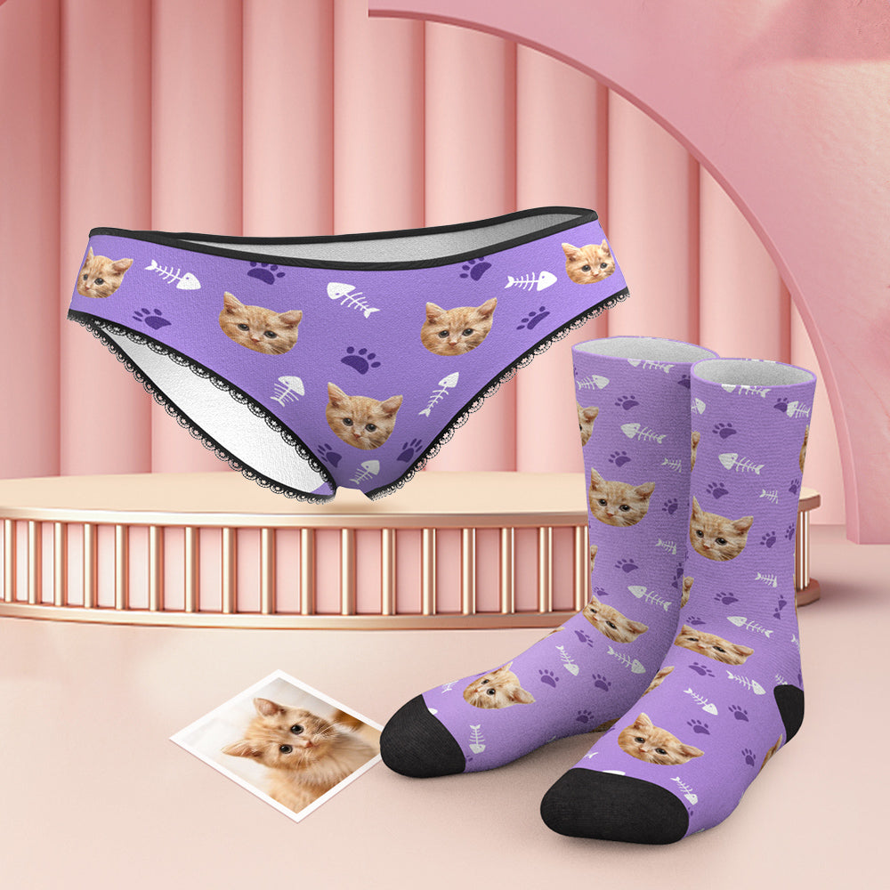 Custom Face Panties And Socks Set - Cat