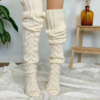 Winter Solid Color Hollow Mesh Long Tube Over The Knee Pile Socks Womens Knitted Socks