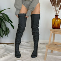 Winter Solid Color Hollow Mesh Long Tube Over The Knee Pile Socks Womens Knitted Socks